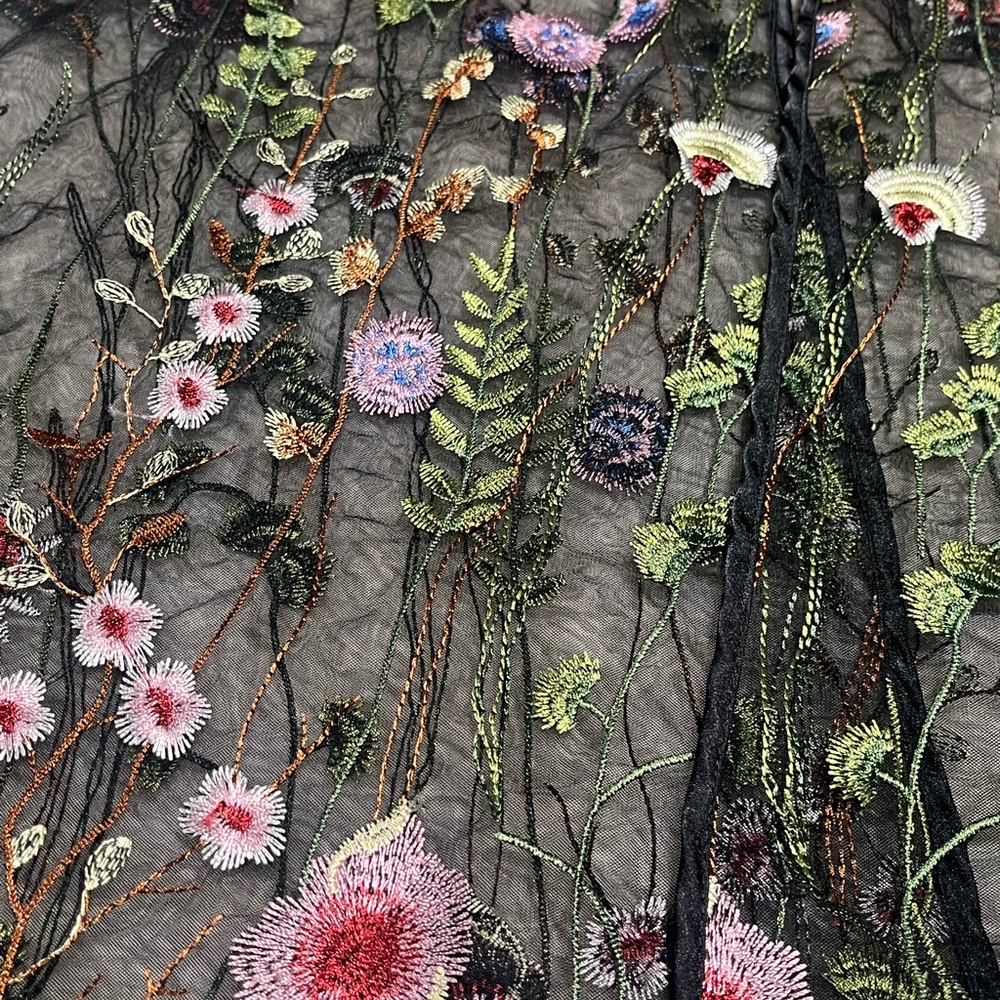 Black Sheer Embroidered Tulle Mesh Long Duster Floral Open Front Topper Vest - Picture 6 of 13